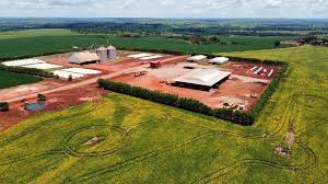 Vista aérea da Agro Bela Vista — propriedade rural com silos e plantação