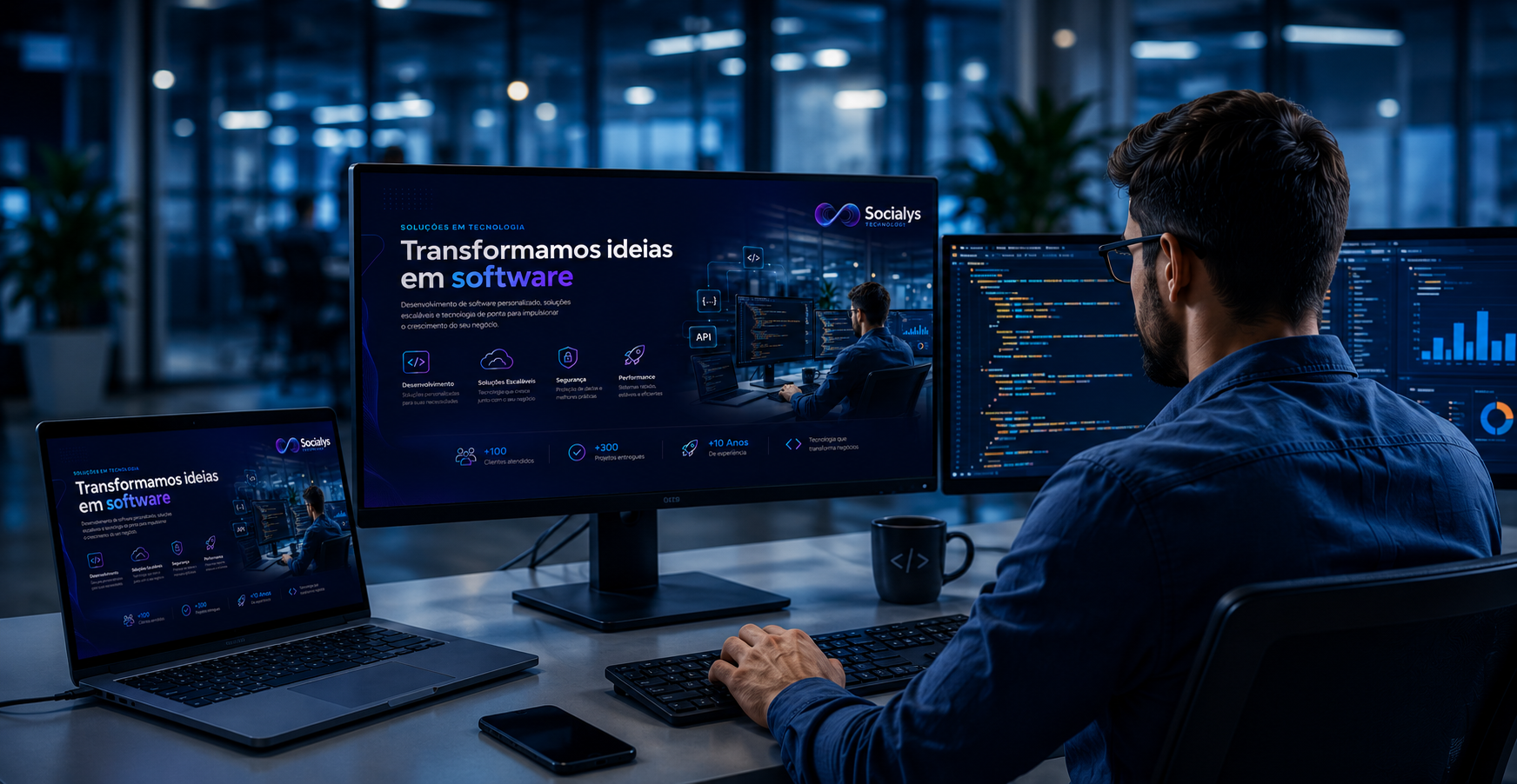 Profissionais analisando dashboards e indicadores em ambiente moderno de TI